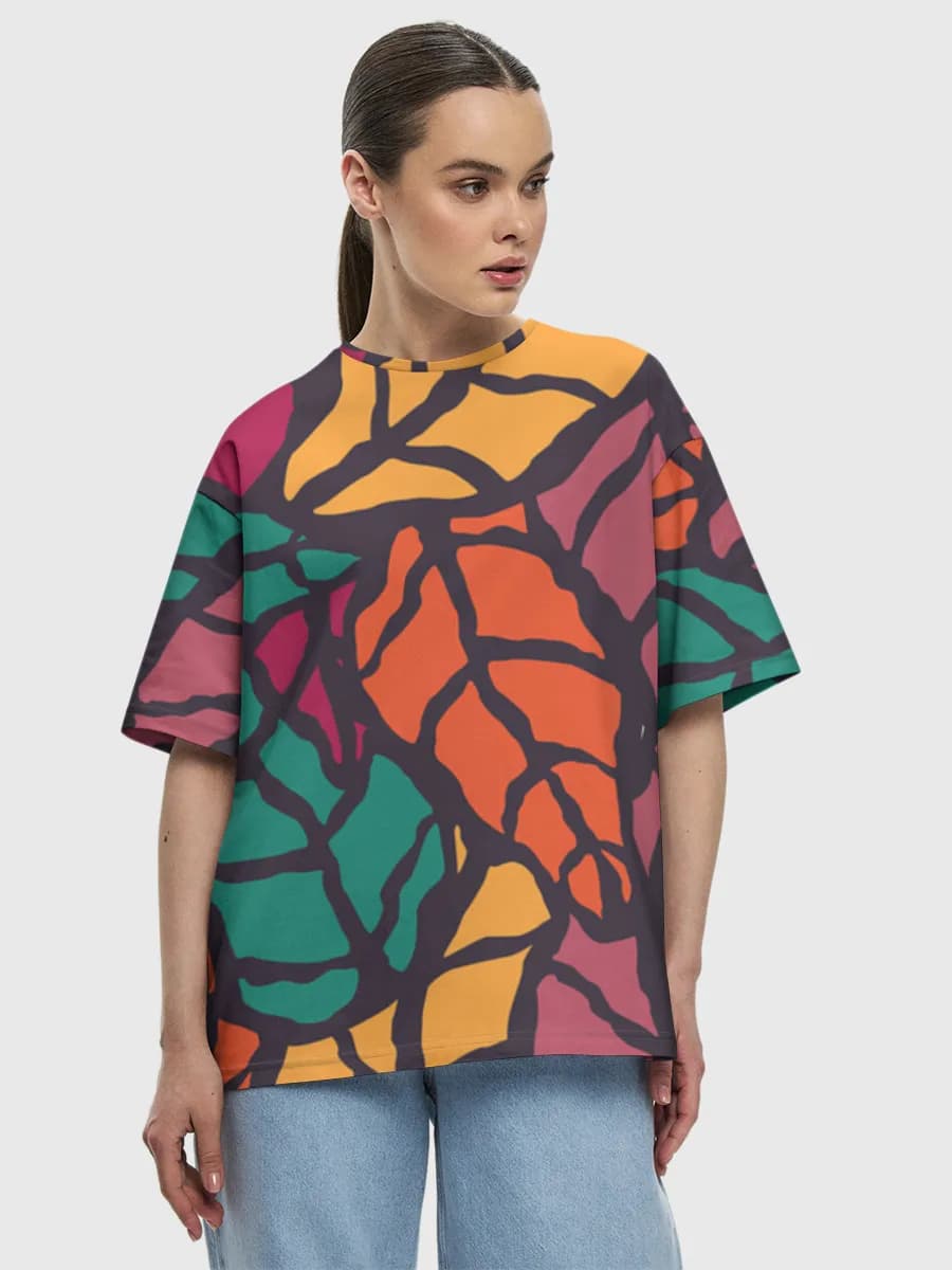 Autumn Mosaic Abstract — Women's oversized cotton T-shirt with all-over print, Abstract theme