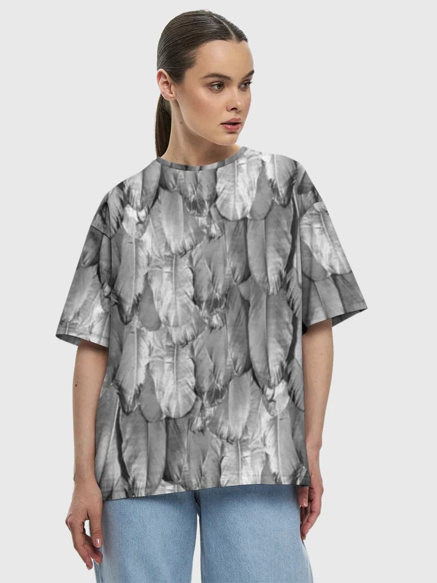 Monochrome Feather Texture — Women's oversized cotton T-shirt with all-over print, Feathers theme