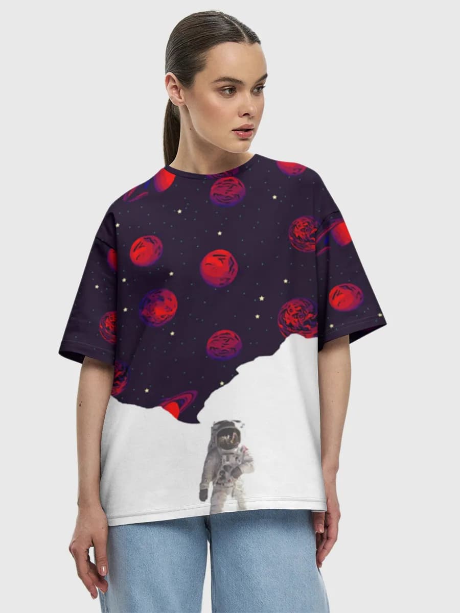 Astronaut Under Red Planets — Women's oversized cotton T-shirt with all-over print, Space theme