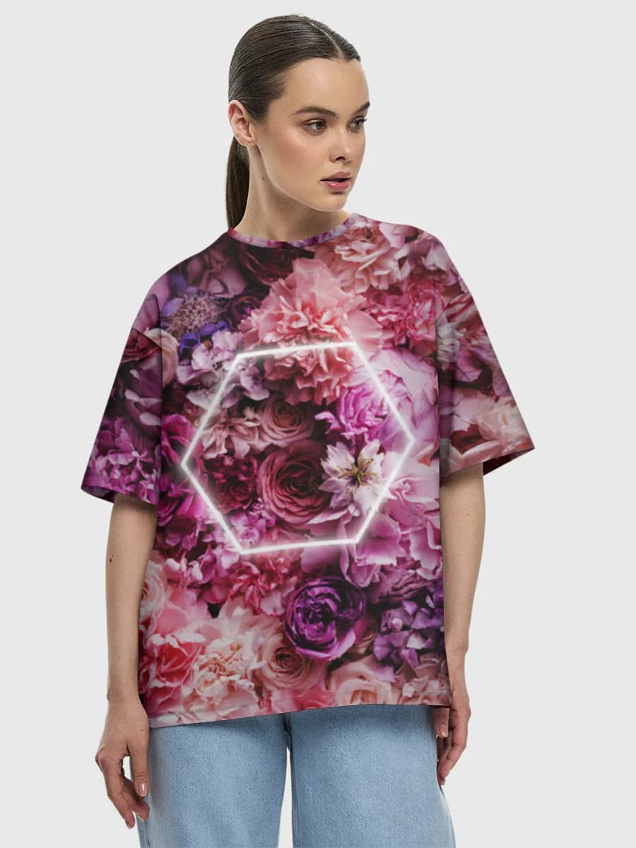 Neon Hexagon Flower Wall — Women's oversized cotton T-shirt with all-over print, Floral theme