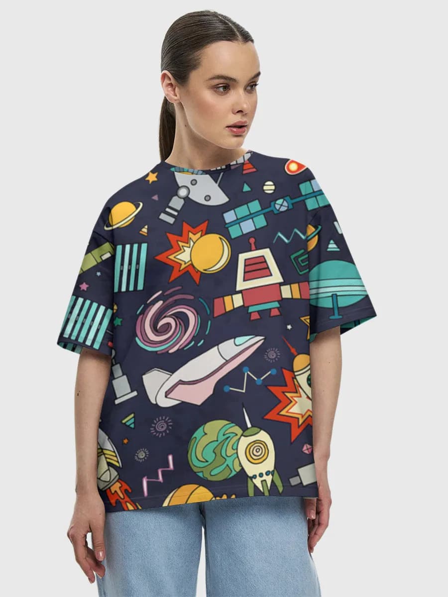 Space Doodles Galaxy Icons — Women's oversized cotton T-shirt with all-over print, Space theme