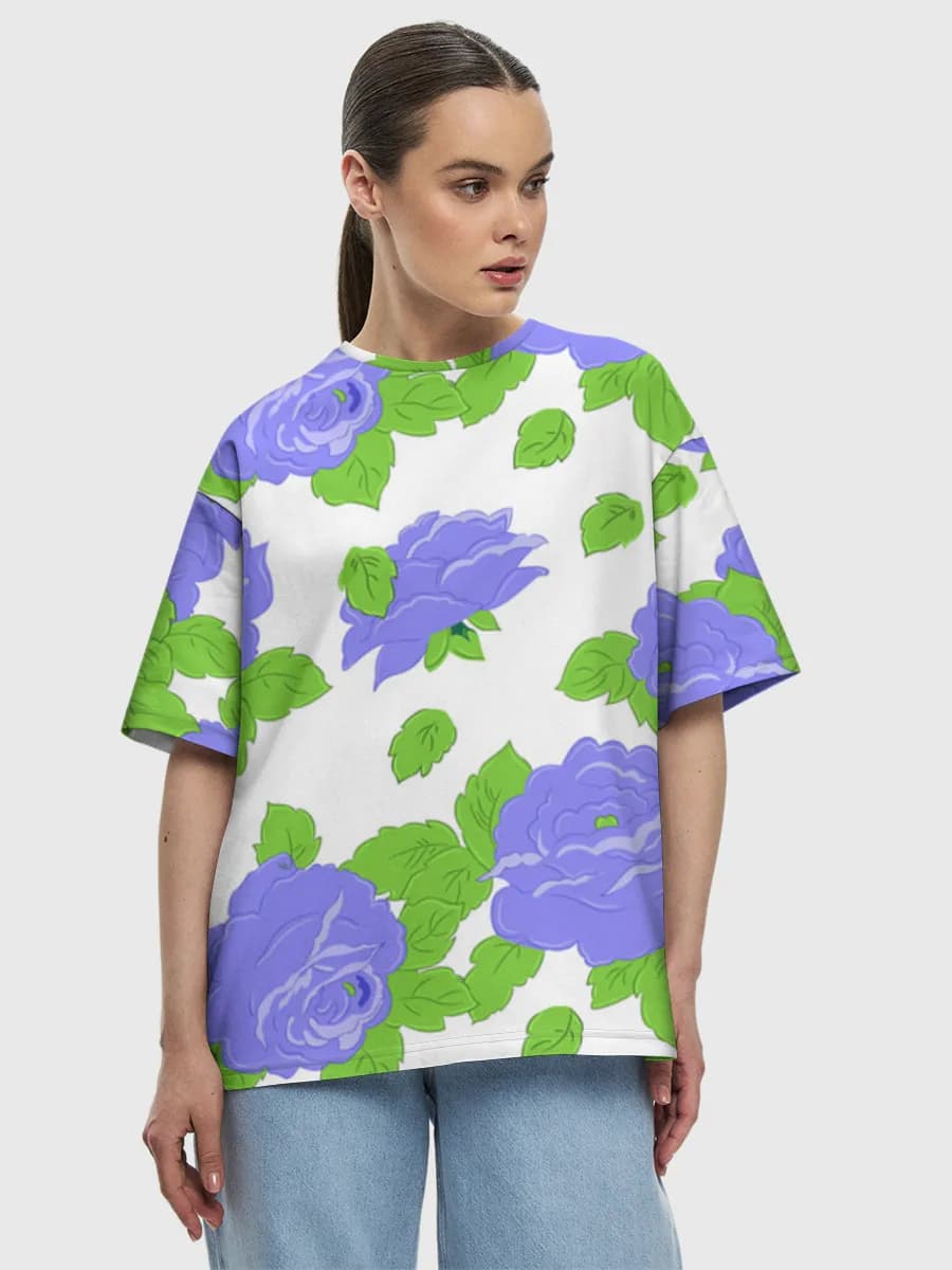 Purple Rose Blossoms — Women's oversized cotton T-shirt with all-over print, Floral theme