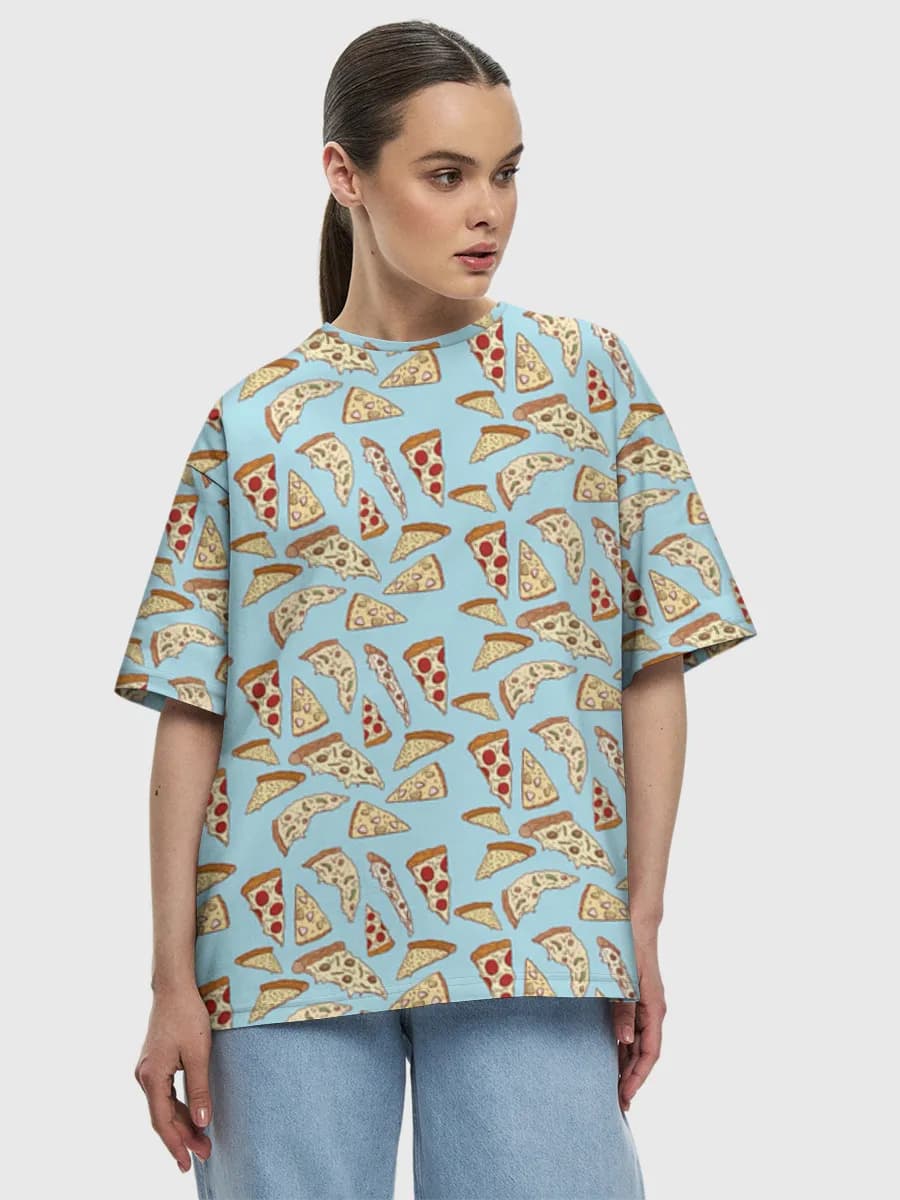 Pizza Slice Doodle Print — Women's oversized cotton T-shirt with all-over print, Pizza theme