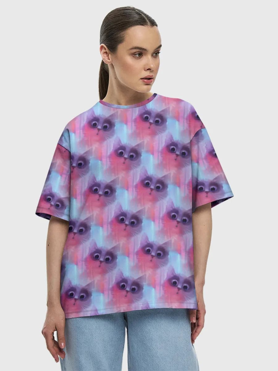 Pastel Neon Cat Faces — Women's oversized cotton T-shirt with all-over print, Cats theme