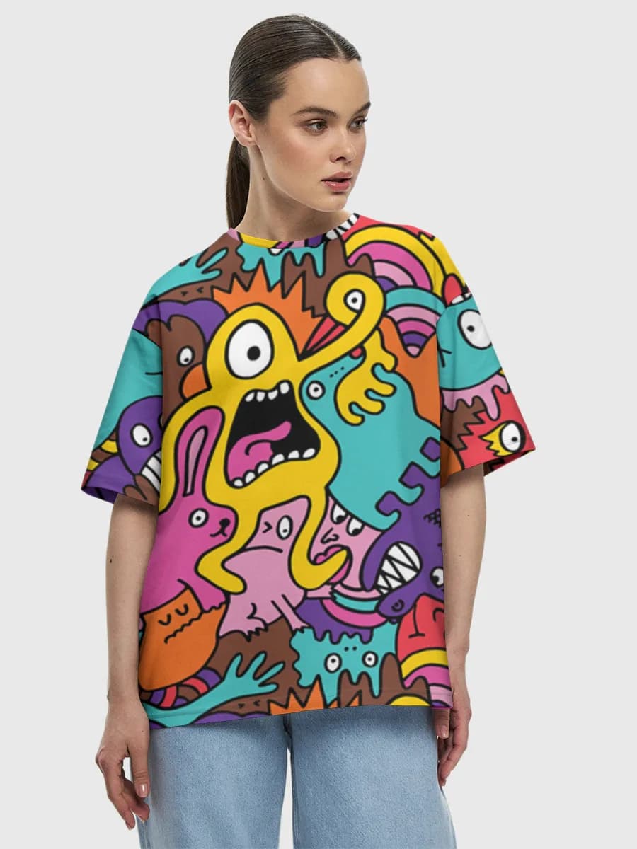 Colorful Monster Doodle Crowd — Women's oversized cotton T-shirt with all-over print, Monsters theme