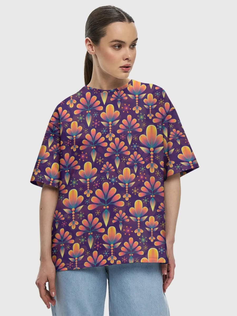 Vibrant Retro Floral Motifs — Women's oversized cotton T-shirt with all-over print, Floral theme