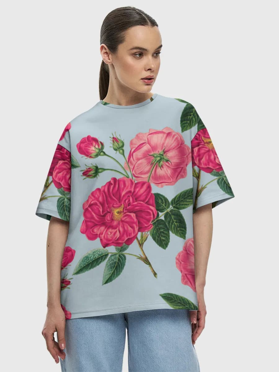 Vintage Pink Rose Bouquet — Women's oversized cotton T-shirt with all-over print, Floral theme