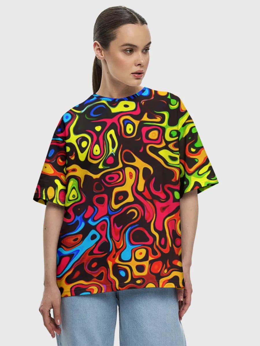 Psychedelic Color Melt — Women's oversized cotton T-shirt with all-over print, Abstract theme