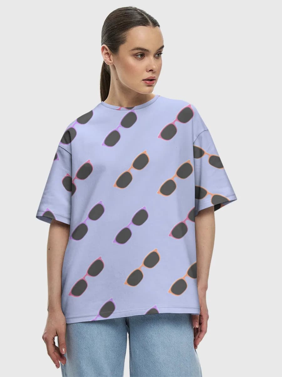 Pastel Retro Sunglasses — Women's oversized cotton T-shirt with all-over print, Sunglasses theme