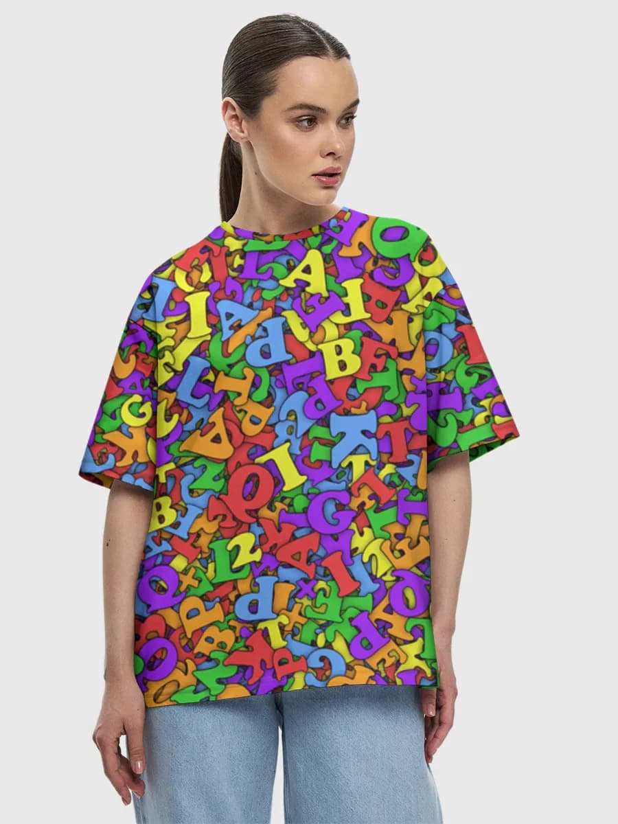 Rainbow Alphabet Chaos — Women's oversized cotton T-shirt with all-over print, Typography theme