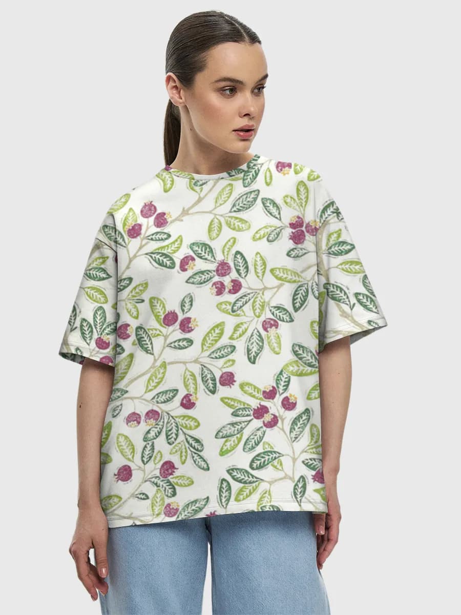 Watercolor Berry Branches — Women's oversized cotton T-shirt with all-over print, Botanical theme