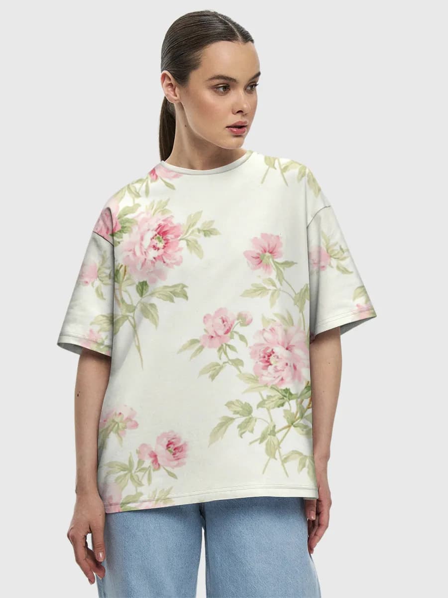 Vintage Pink Roses — Women's oversized cotton T-shirt with all-over print, Floral theme