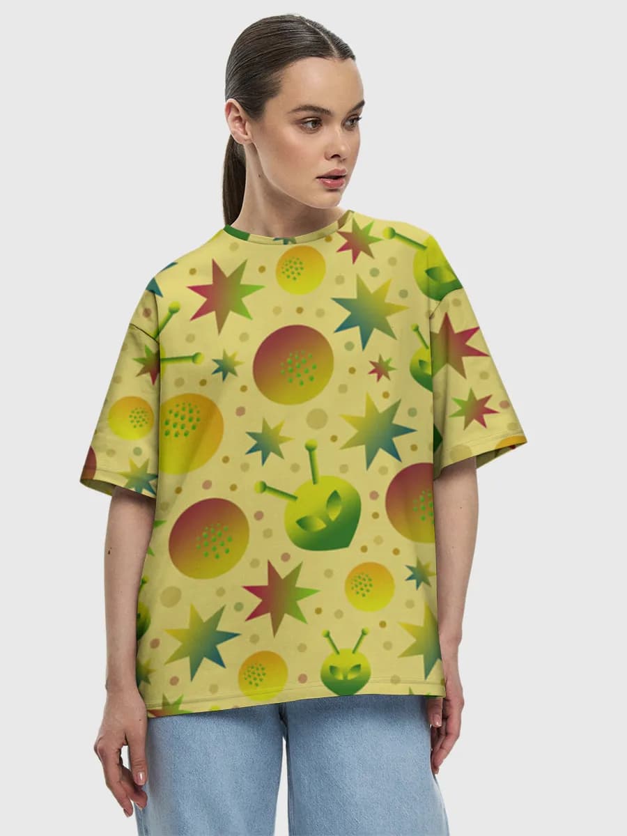 Neon Alien Starfield — Women's oversized cotton T-shirt with all-over print, Space theme
