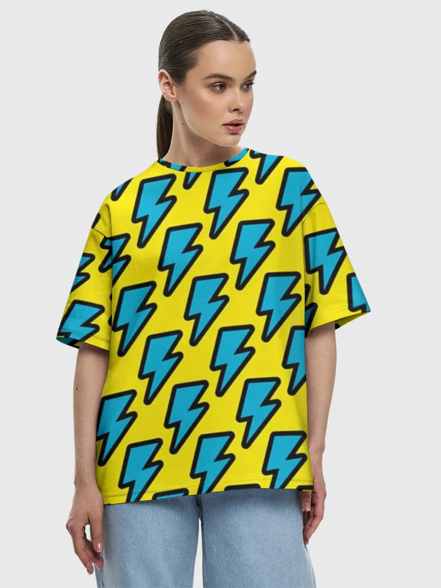 Pop Art Lightning Bolts — Women's oversized cotton T-shirt with all-over print, Lightning theme
