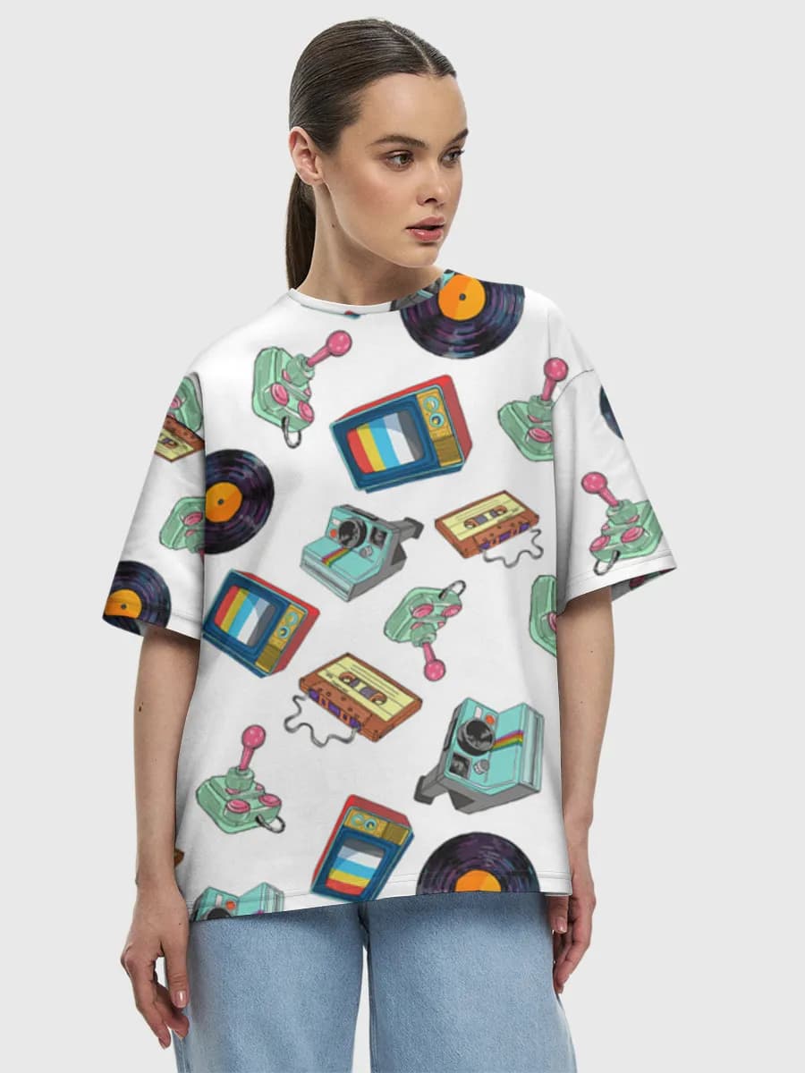Retro Media Mashup — Women's oversized cotton T-shirt with all-over print, Retro Aesthetic theme