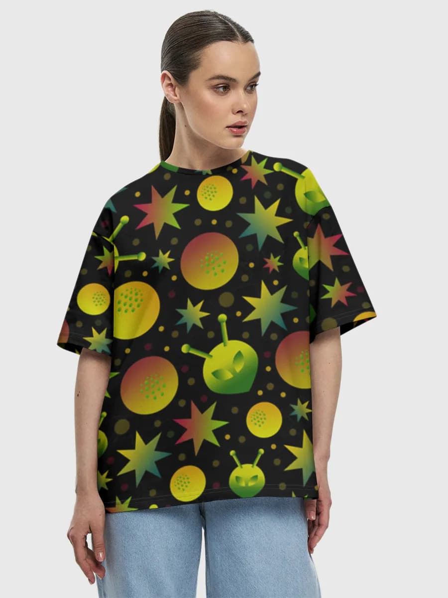 Pastel Alien Starburst — Women's oversized cotton T-shirt with all-over print, Aliens theme