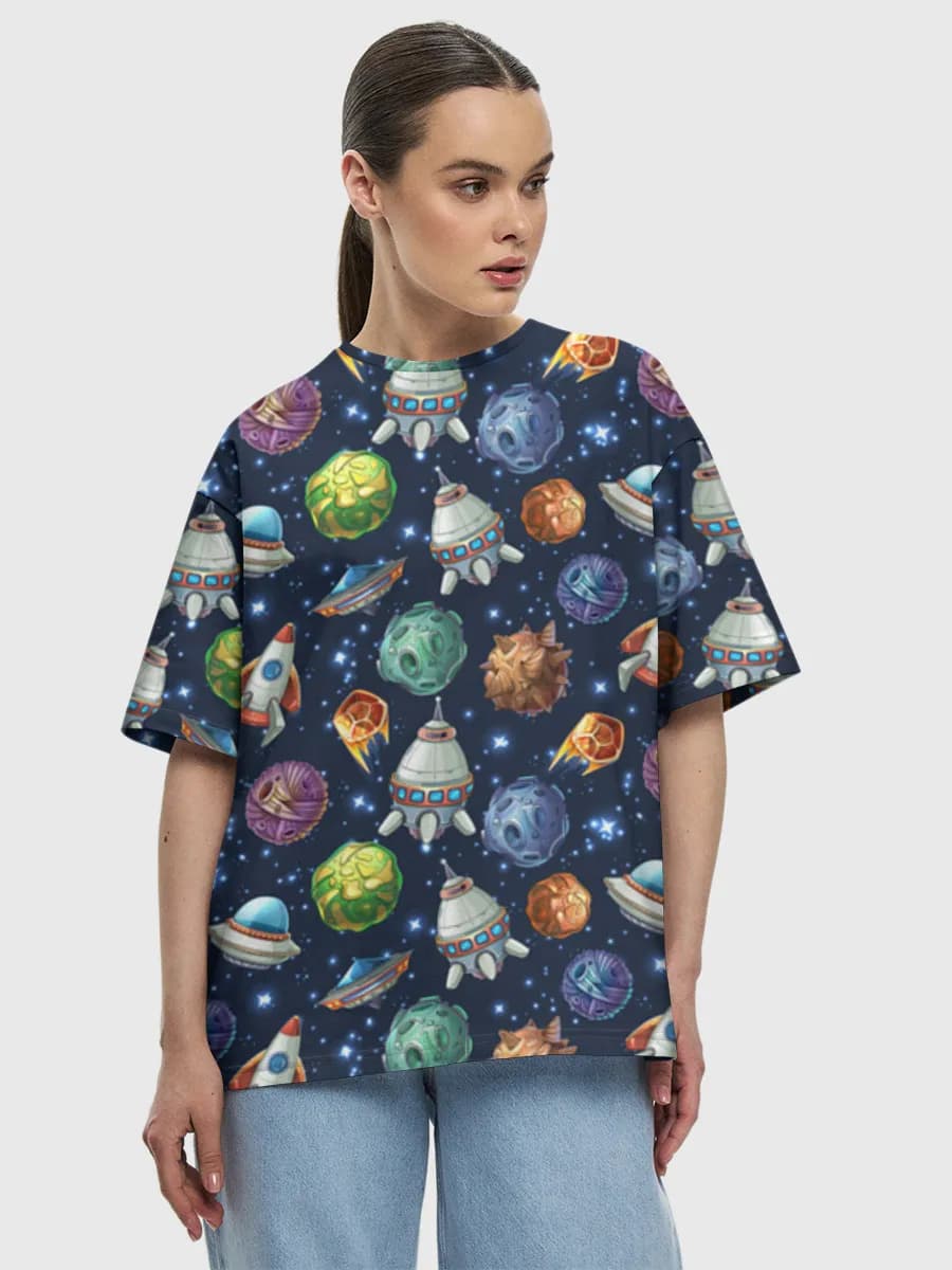 Retro Space Rockets — Women's oversized cotton T-shirt with all-over print, Space theme