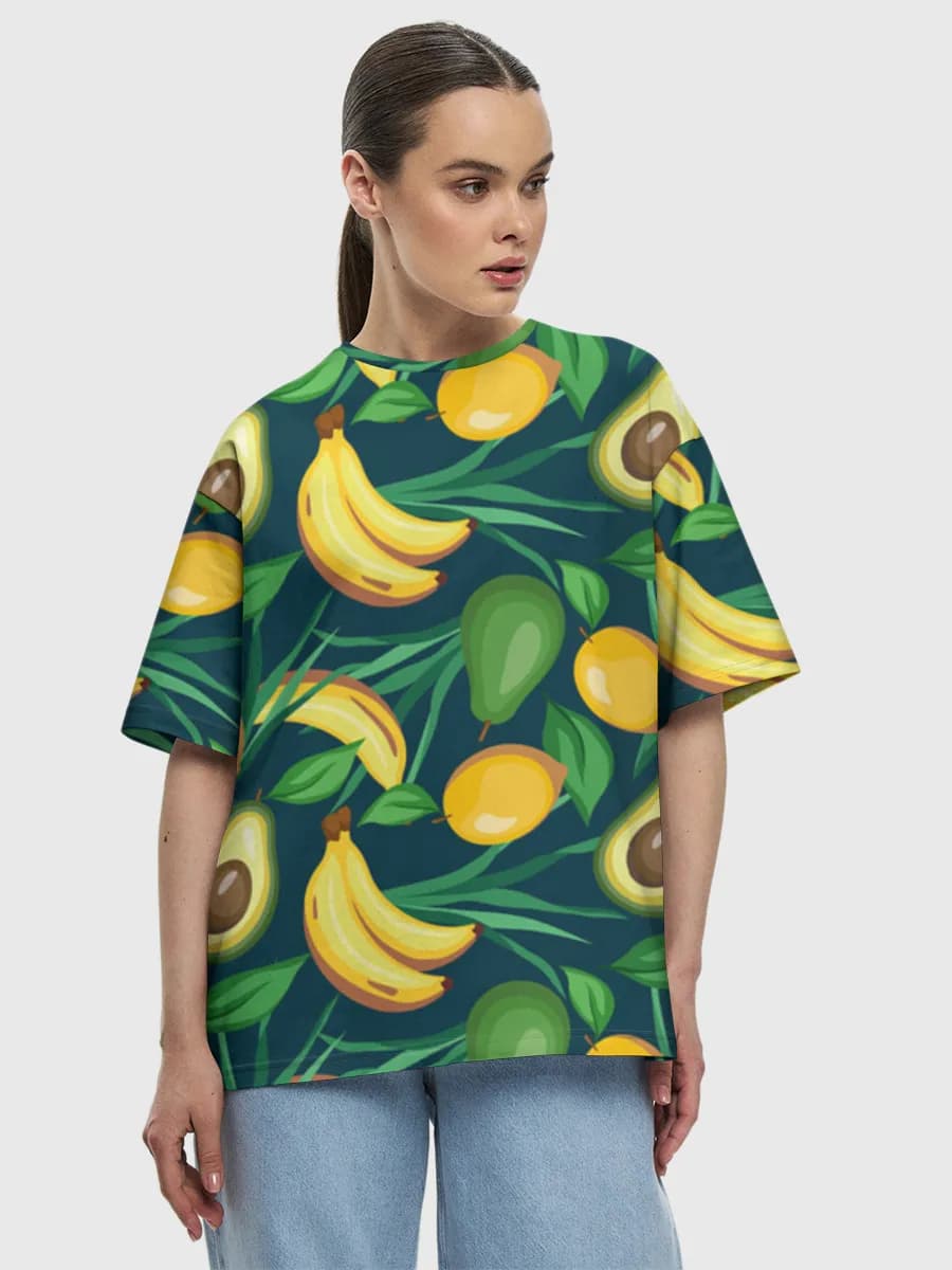 Tropical Fruit Illustration — Women's oversized cotton T-shirt with all-over print, Fruit theme