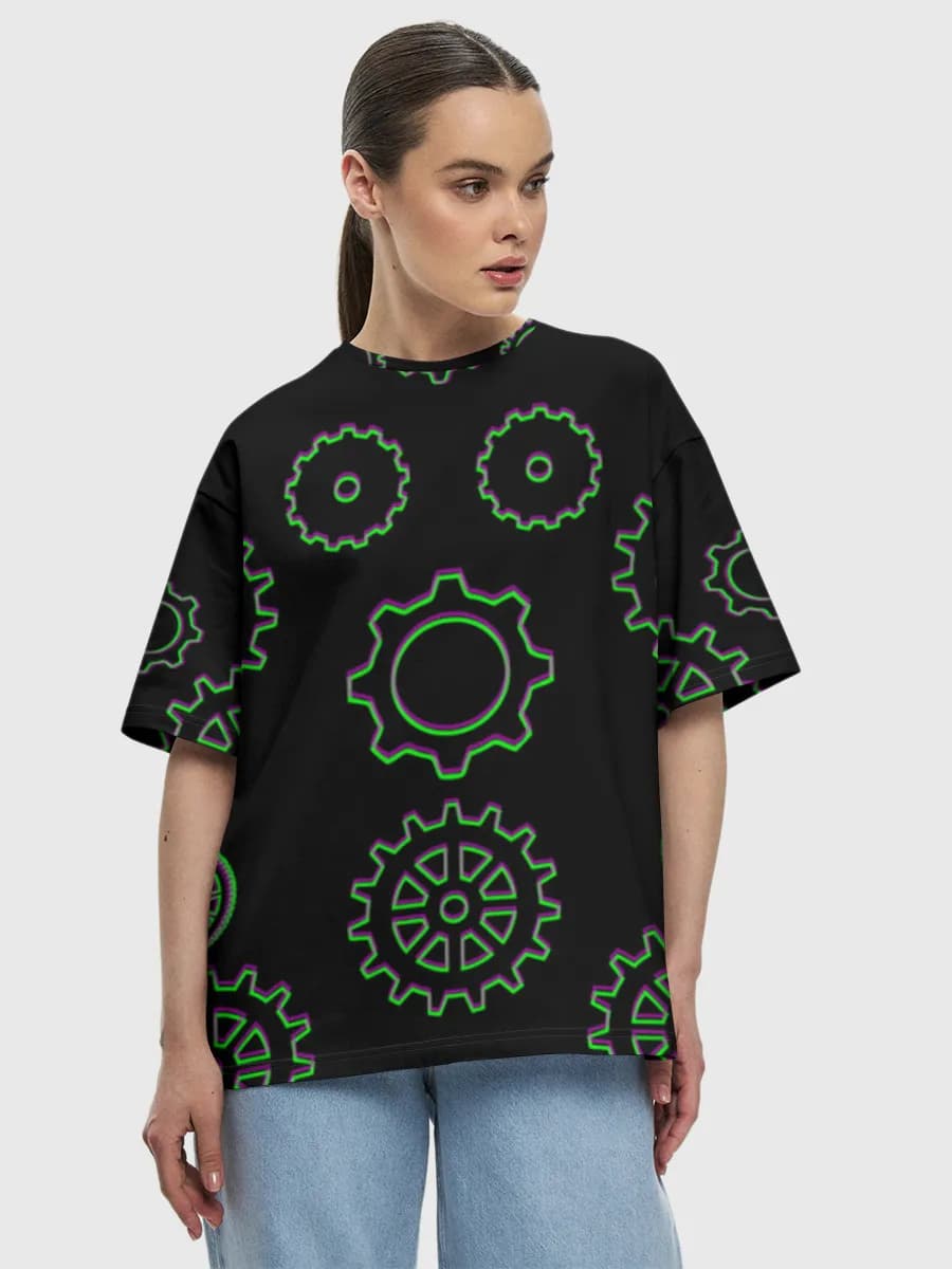 Neon Gearwork Glow — Women's oversized cotton T-shirt with all-over print, Gears theme