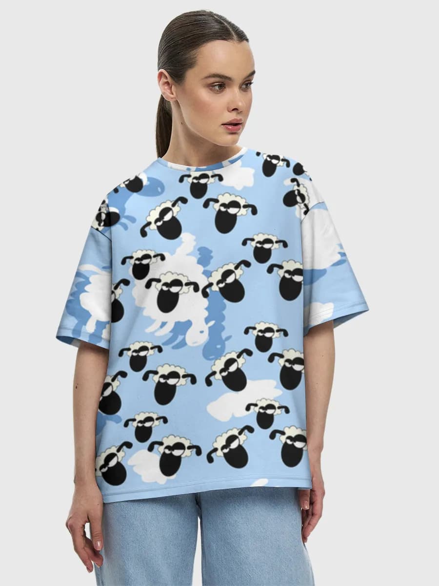 Counting Sheep Clouds — Women's oversized cotton T-shirt with all-over print, Sheep theme