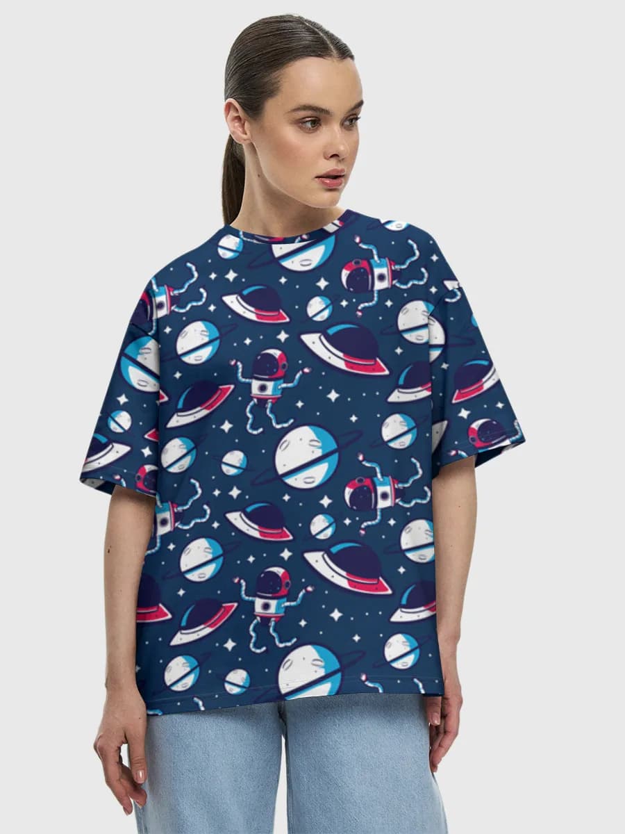 Cute Space Explorers — Women's oversized cotton T-shirt with all-over print, Space theme