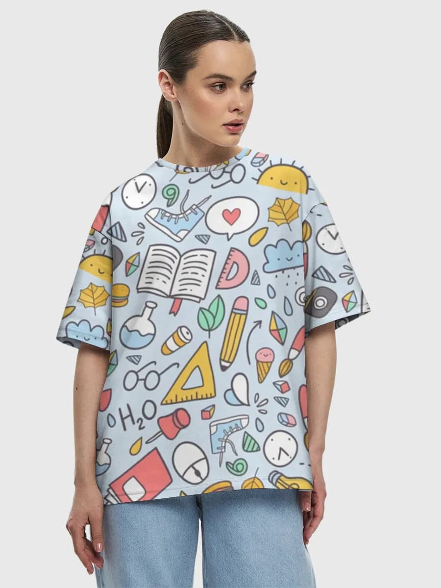 Cute School Doodles — Women's oversized cotton T-shirt with all-over print, School Vibes theme