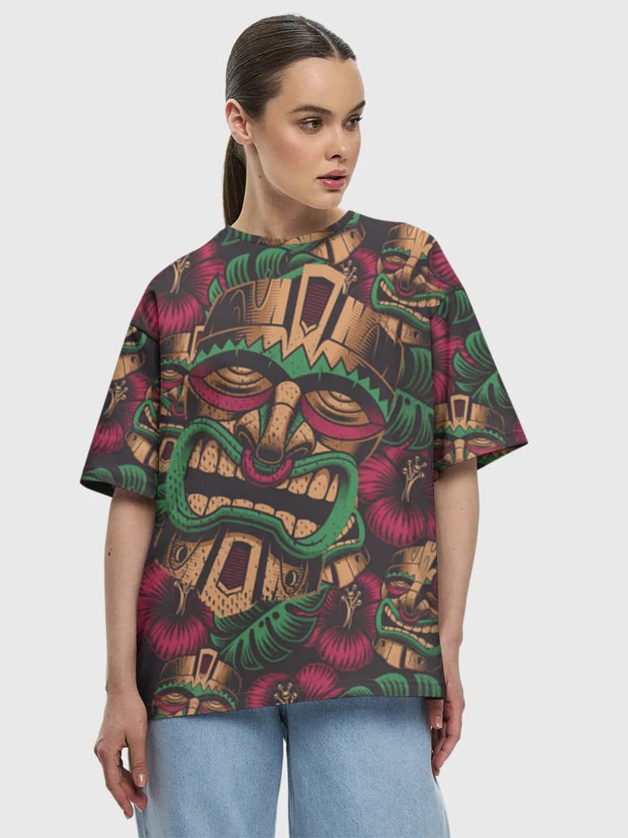Tiki Mask Tropical Vibes — Women's oversized cotton T-shirt with all-over print, Tiki Style theme