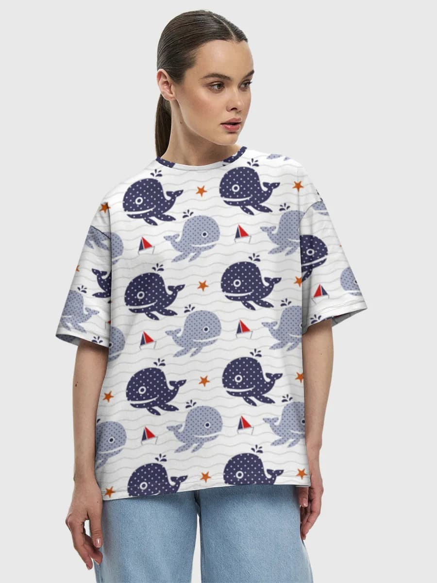 Cute Nautical Whales — Women's oversized cotton T-shirt with all-over print, Whale theme