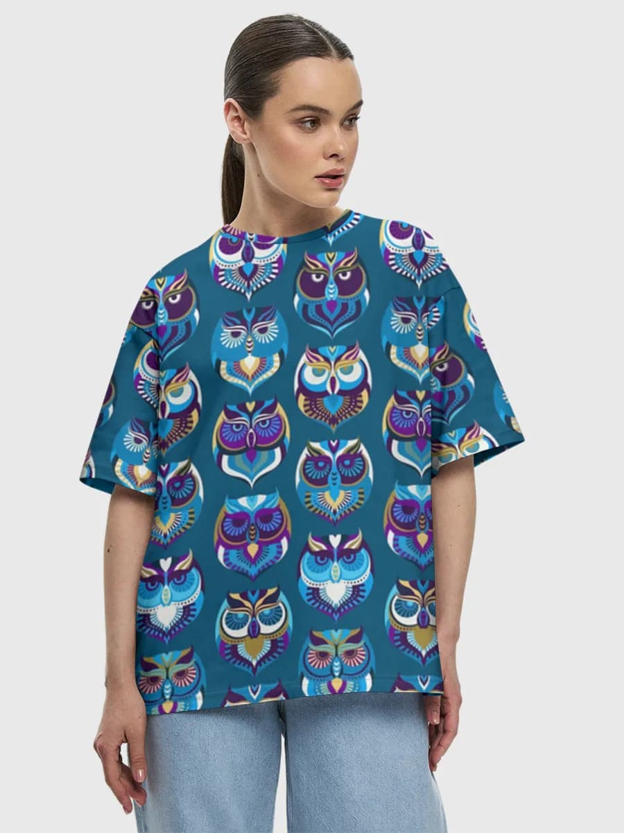 Colorful Geometric Owls — Women's oversized cotton T-shirt with all-over print, Owl theme