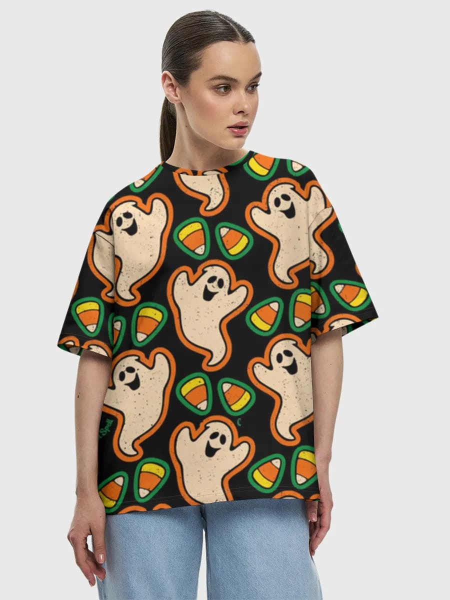 Spooky Ghosts And Candy — Women's oversized cotton T-shirt with all-over print, Holidays theme