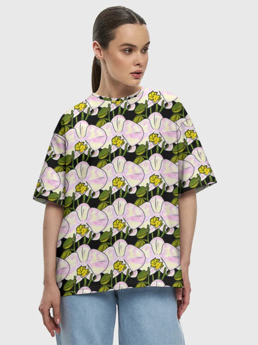 Pink Calla Lily Floral — Women's oversized cotton T-shirt with all-over print, Floral theme