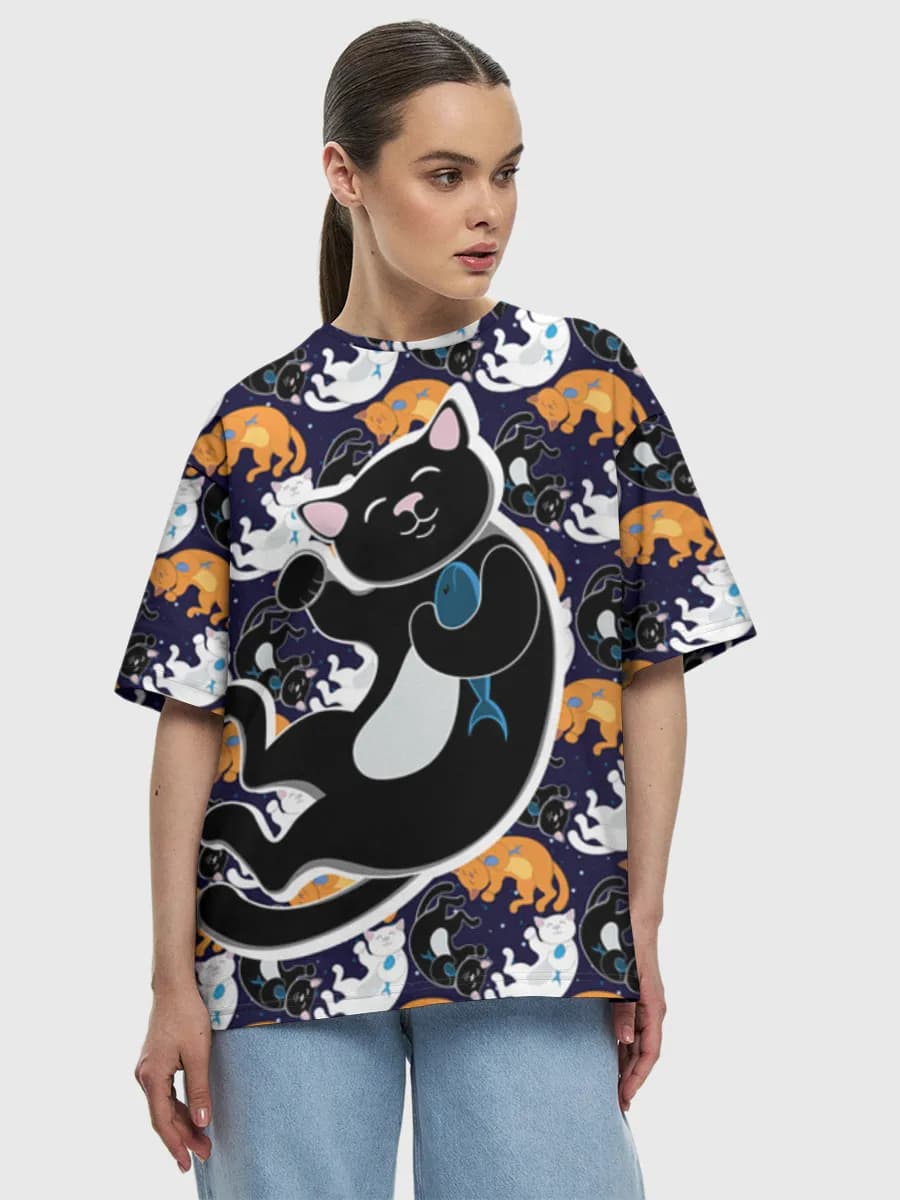 Sleepy Cats Under Stars — Women's oversized cotton T-shirt with all-over print, Cats theme