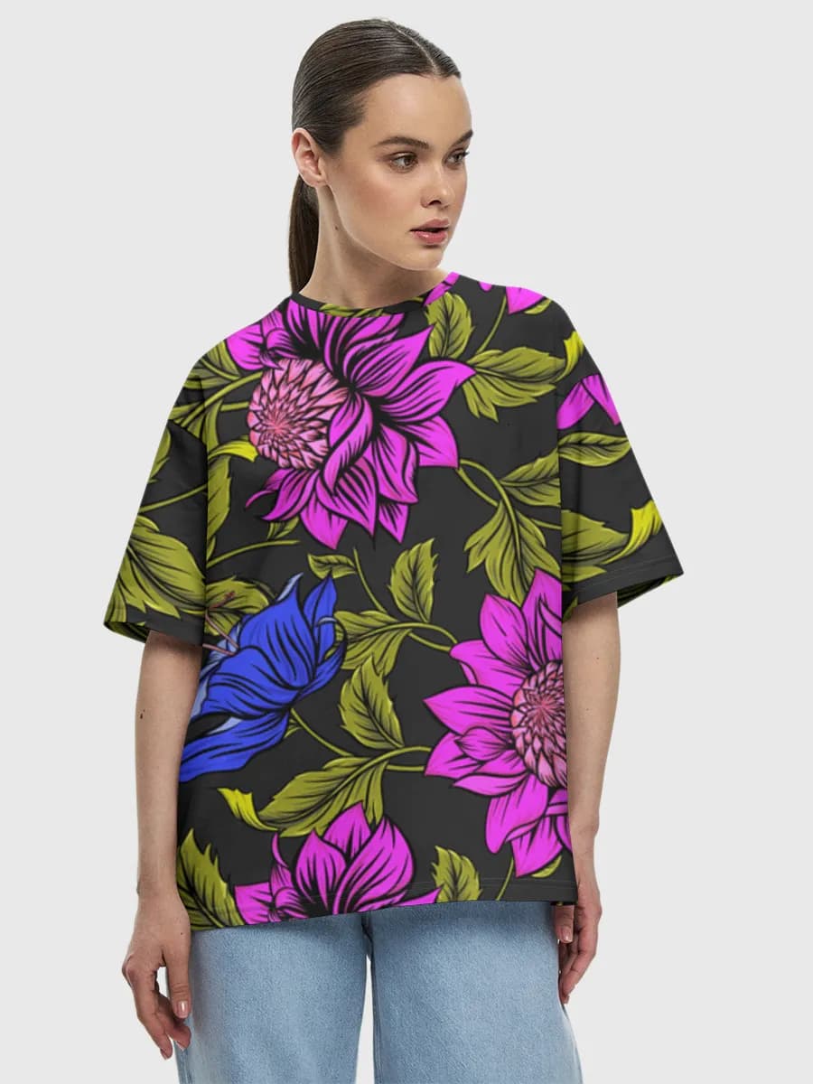 Neon Dark Floral Blooms — Women's oversized cotton T-shirt with all-over print, Floral theme
