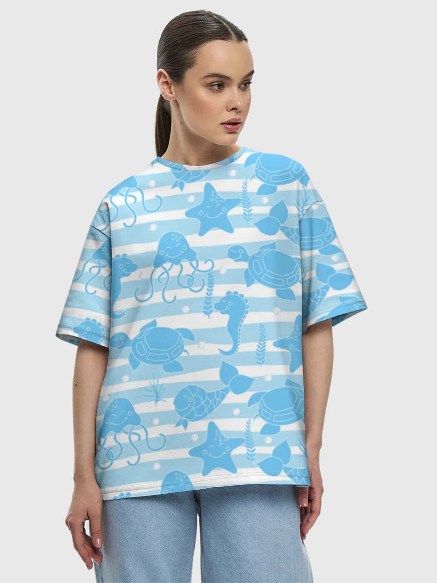 Cute Ocean Critters — Women's oversized cotton T-shirt with all-over print, Ocean theme