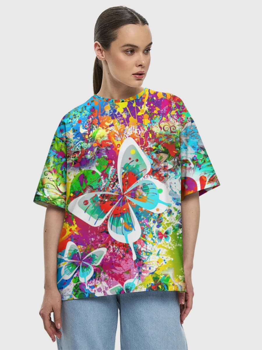 Rainbow Butterfly Paint Splash — Women's oversized cotton T-shirt with all-over print, Butterflies theme