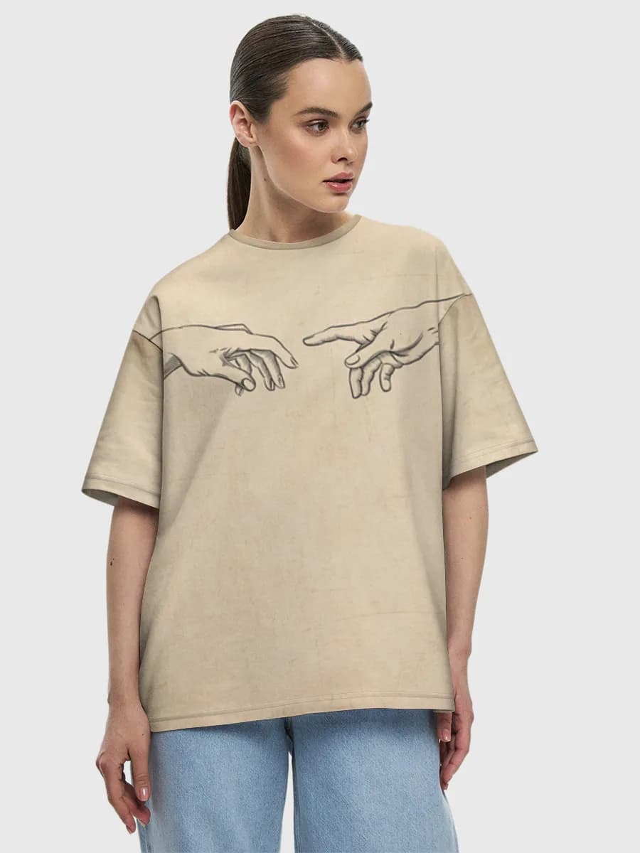 Reaching Hands Sketch — Women's oversized cotton T-shirt with all-over print, Hands theme