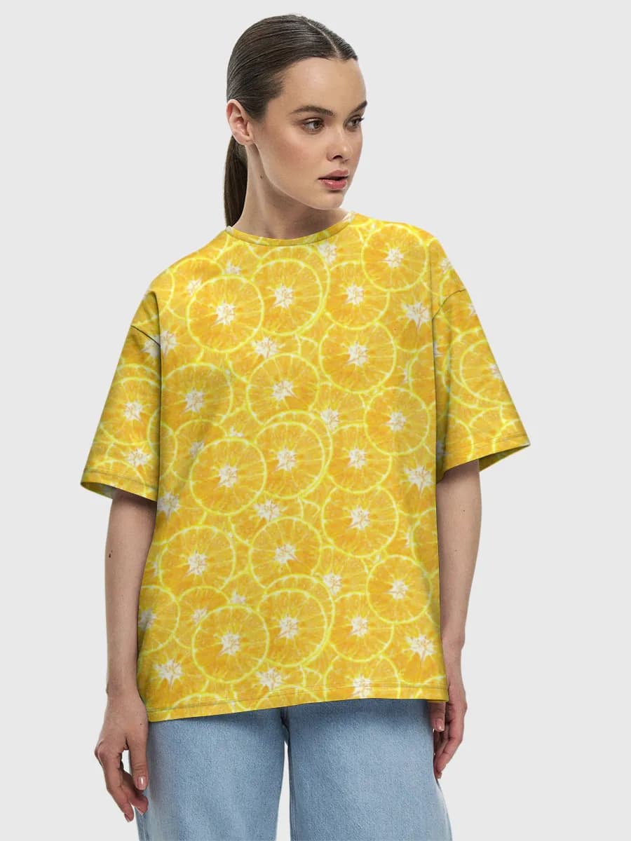 Bright Orange Slices — Women's oversized cotton T-shirt with all-over print, Citrus theme