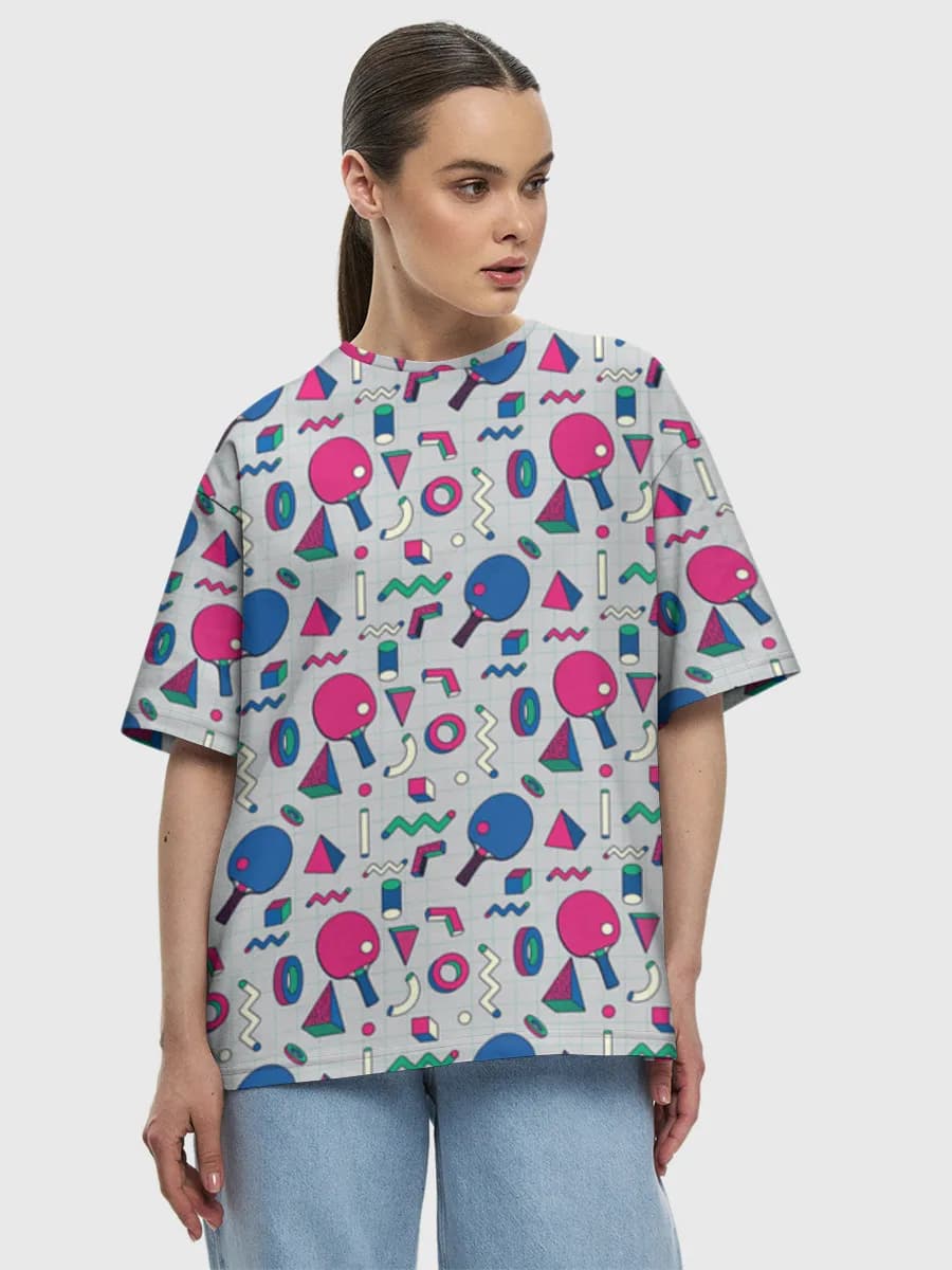 Retro Memphis Ping Pong — Women's oversized cotton T-shirt with all-over print, Retro Aesthetic theme