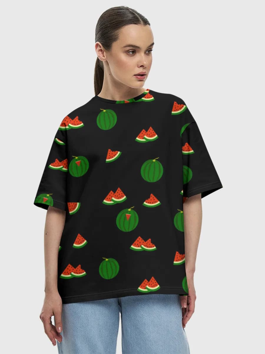 Cute Watermelon Slices — Women's oversized cotton T-shirt with all-over print, Watermelon theme