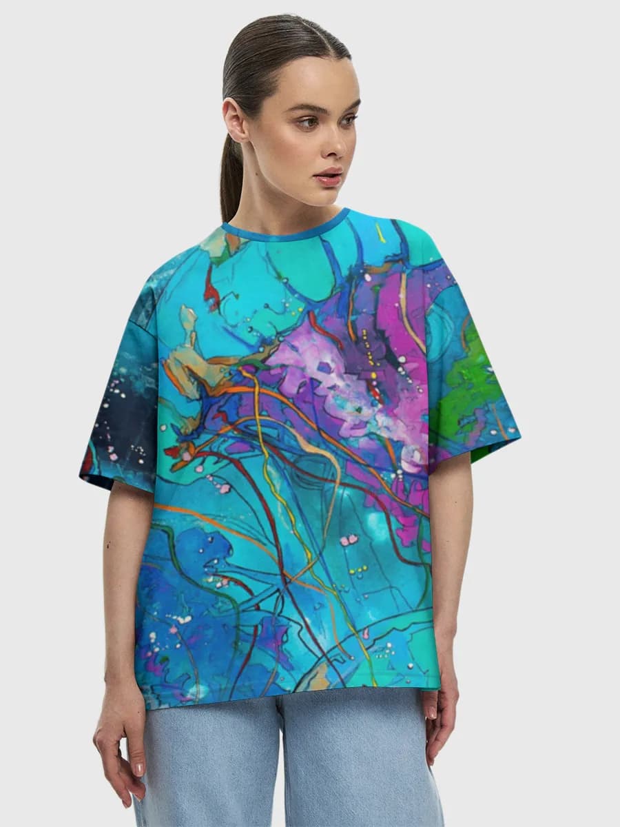 Neon Jellyfish Drift — Women's oversized cotton T-shirt with all-over print, Jellyfish theme