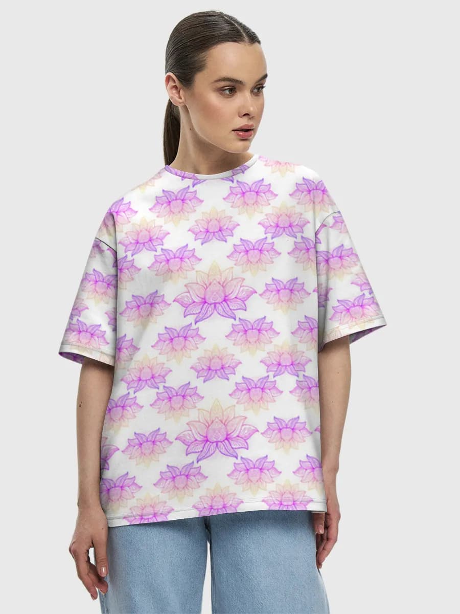 Pastel Lotus Blossoms — Women's oversized cotton T-shirt with all-over print, Lotus theme