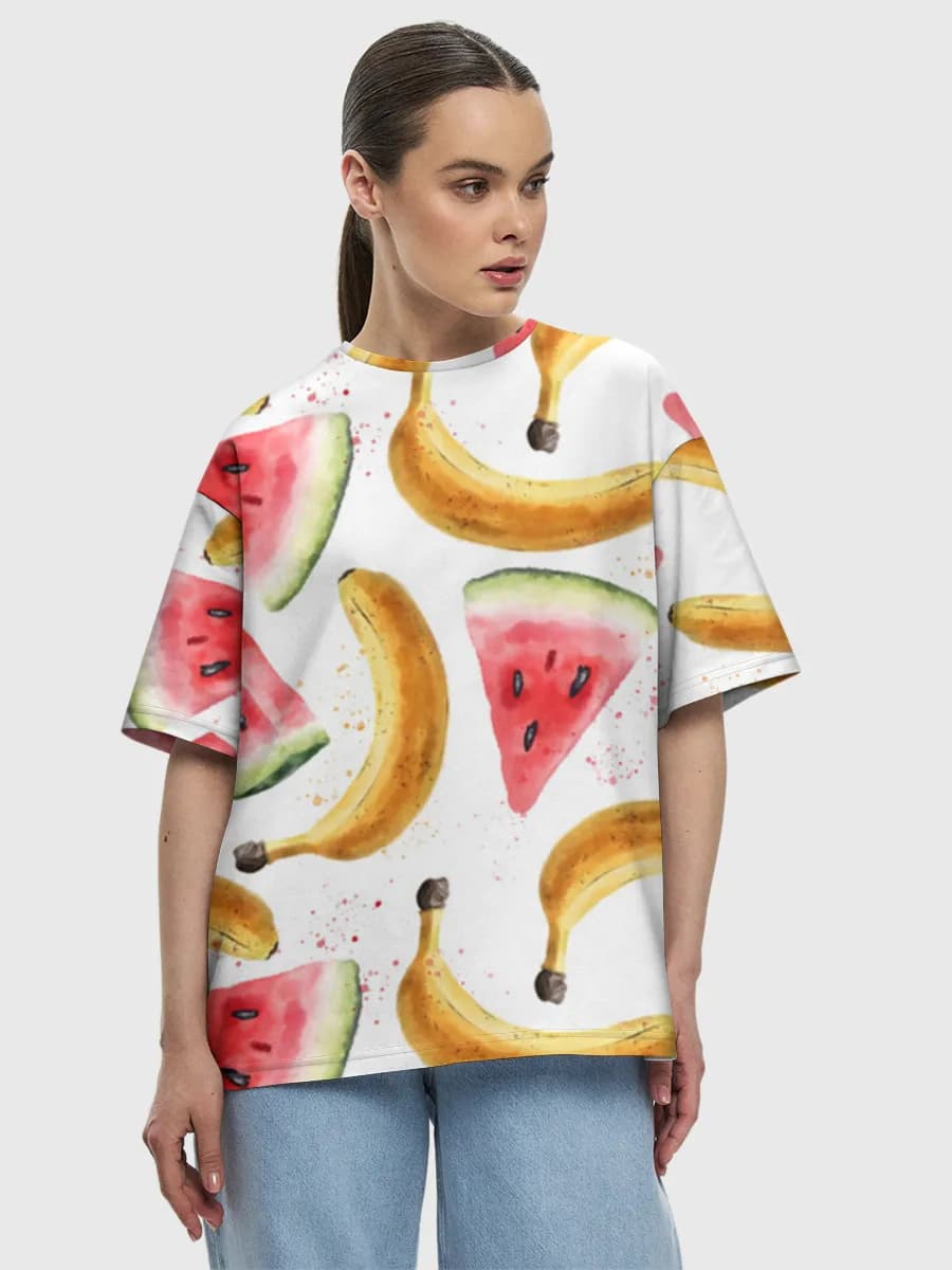 Watercolor Fruit Mix — Women's oversized cotton T-shirt with all-over print, Fruit theme