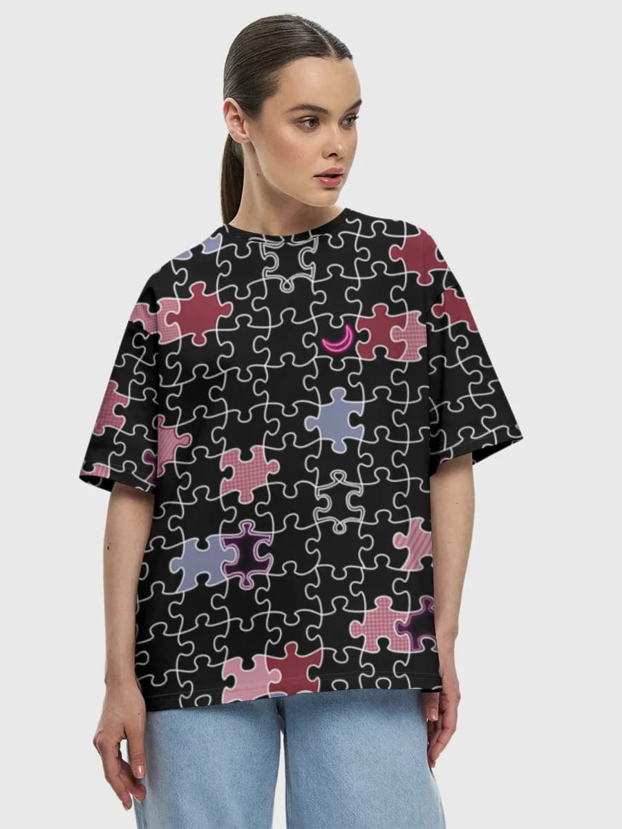 Colorful Jigsaw Pieces — Women's oversized cotton T-shirt with all-over print, Puzzle theme