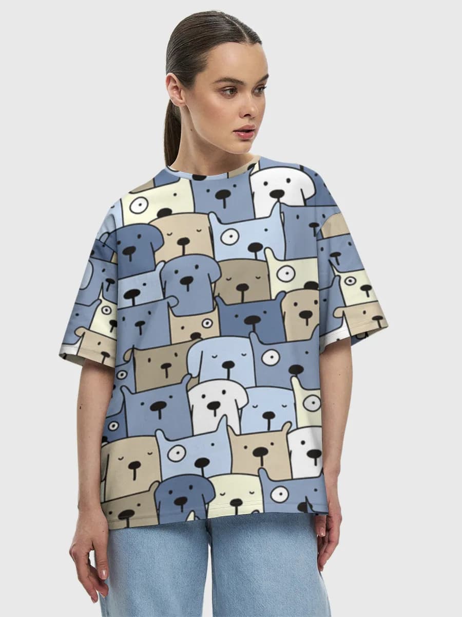 Cute Cartoon Dogs — Women's oversized cotton T-shirt with all-over print, Dogs theme