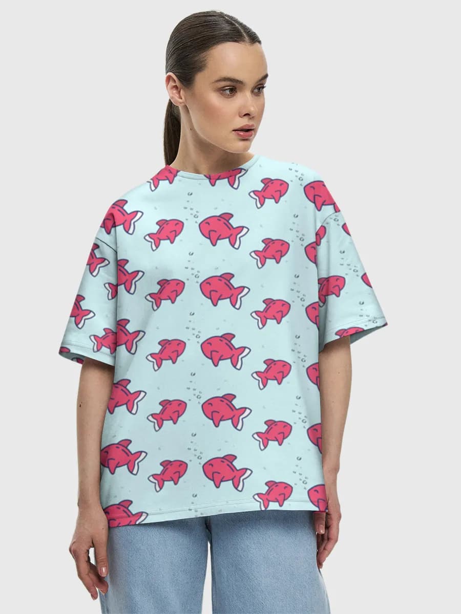Cute Pink Dolphins — Women's oversized cotton T-shirt with all-over print, Dolphin theme