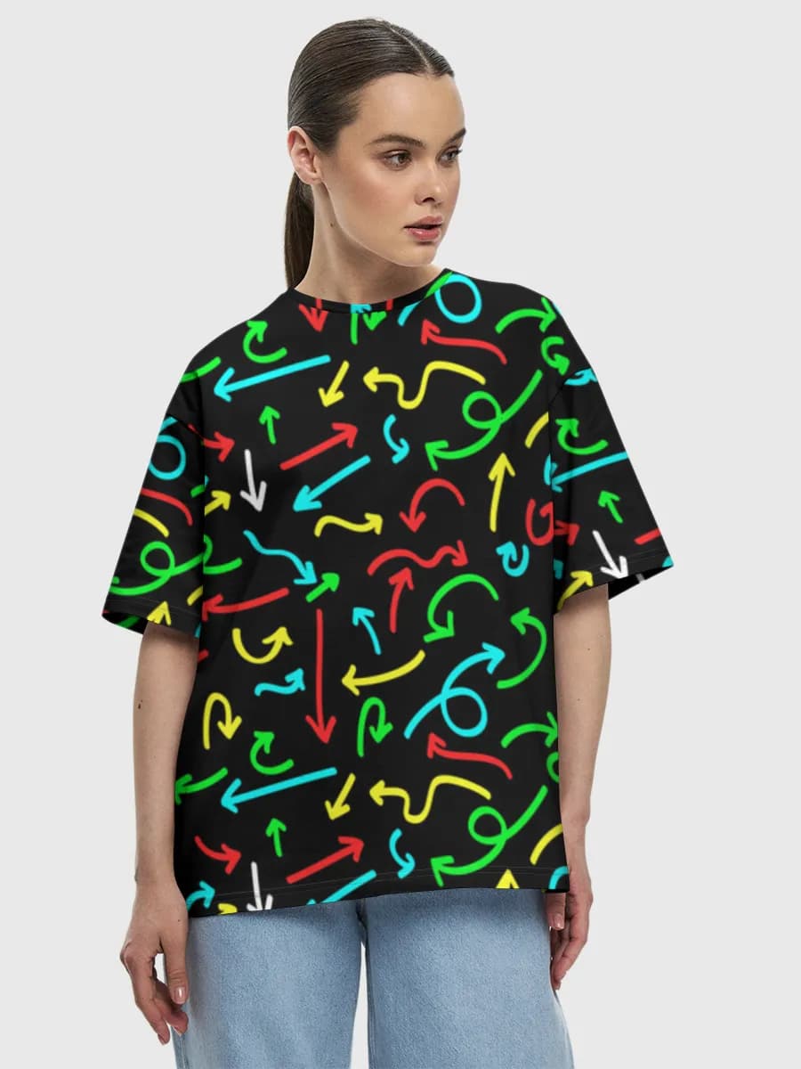 Neon Doodle Arrows — Women's oversized cotton T-shirt with all-over print, Arrows theme