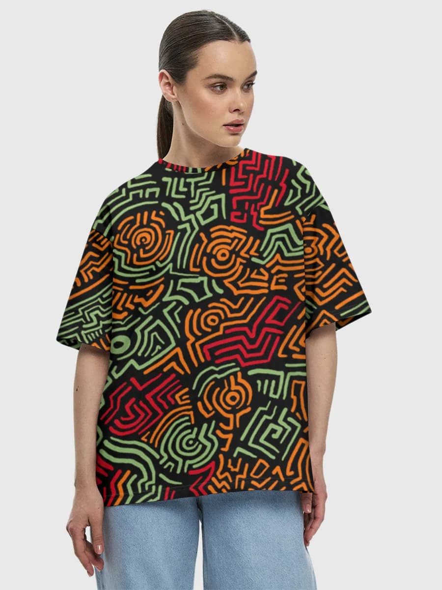 Neon Labyrinth Doodle Art — Women's oversized cotton T-shirt with all-over print, Abstract theme
