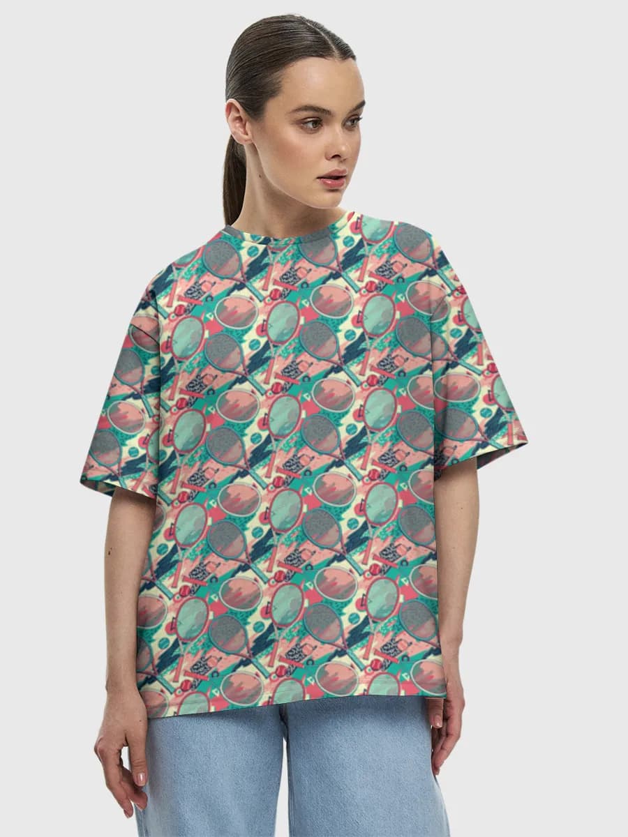 Retro Tennis Racket Collage — Women's oversized cotton T-shirt with all-over print, Tennis theme