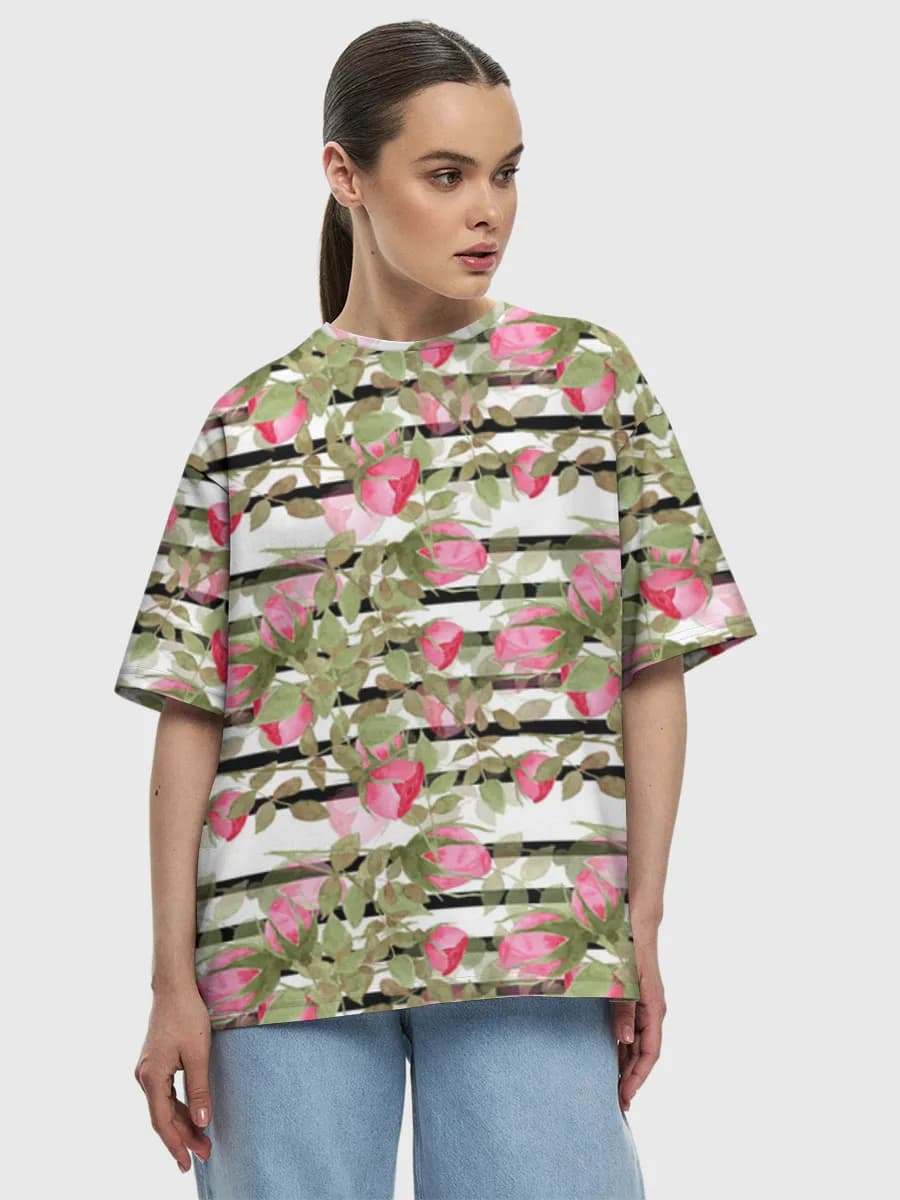 Watercolor Roses And Stripes — Women's oversized cotton T-shirt with all-over print, Floral theme