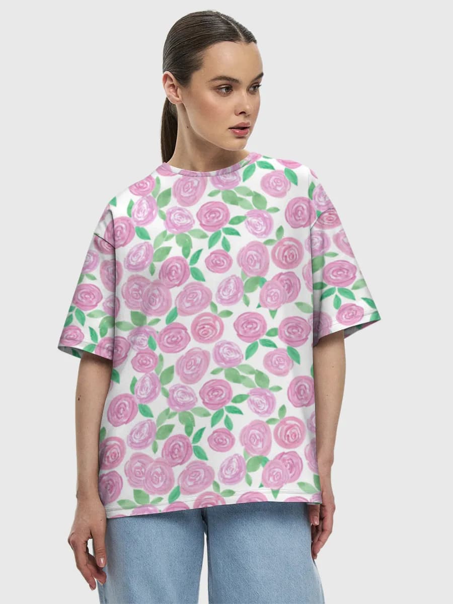Pink Rose Watercolor — Women's oversized cotton T-shirt with all-over print, Floral theme
